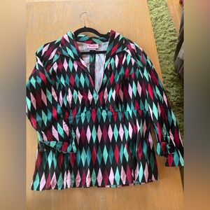 Pinup Couture Black Top with Teal, Mint & Red Diamond Print